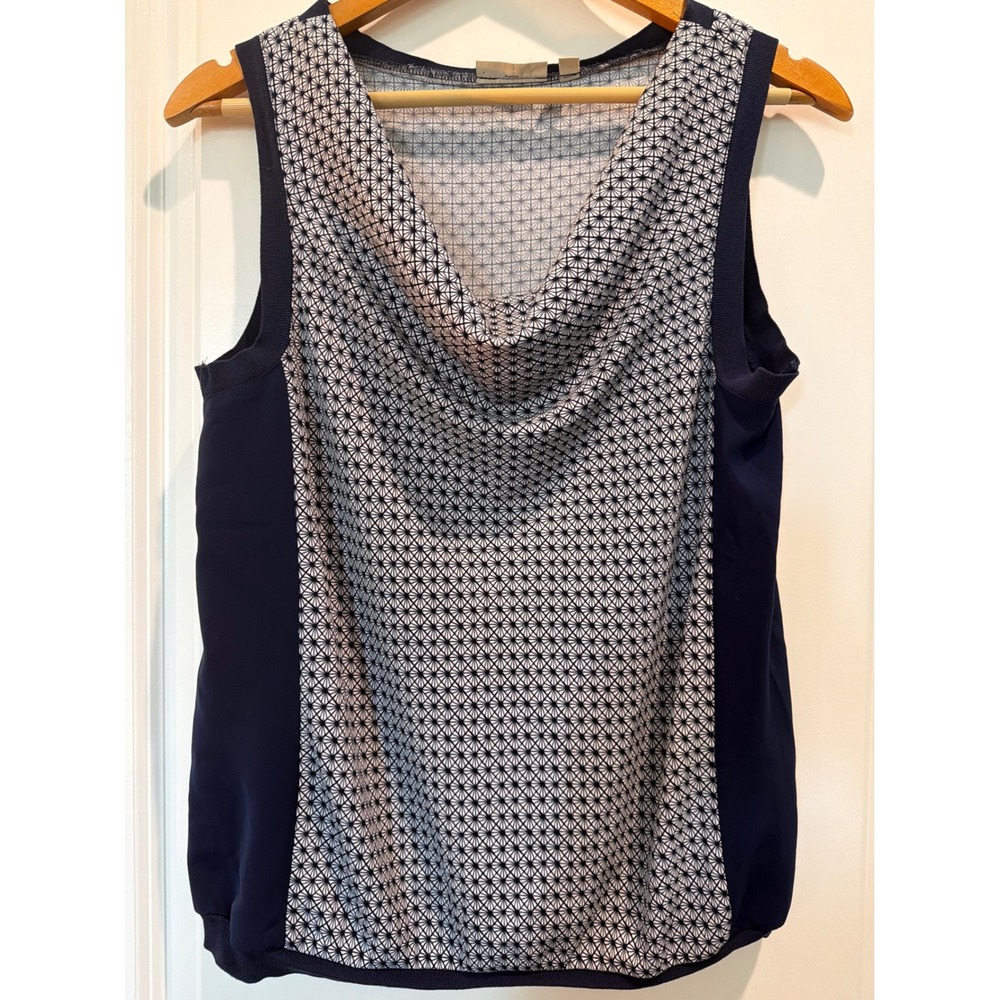 Halogen Navy Blue White Geometric Starburst Cowl Neck Sleeveless Blouse Small